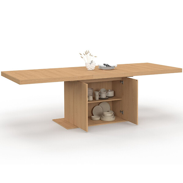 ID MARKET - Table à manger extensible rectangle JULIETTE 8-12 personnes pied central effet lattes avec rangement 200-250 cm - large