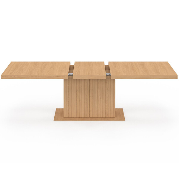 ID MARKET - Table à manger extensible rectangle JULIETTE 8-12 personnes pied central effet lattes avec rangement 200-250 cm - large