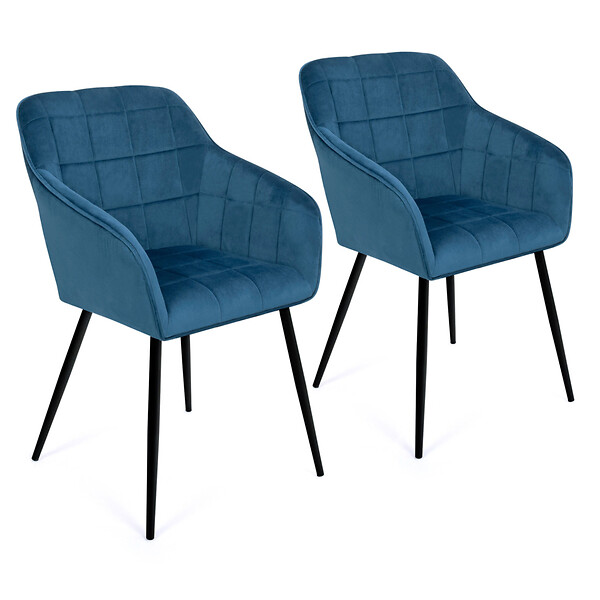 ID MARKET - Lot de 2 chaises de salle à manger, fauteuils de table MADY en velours bleu canard - large