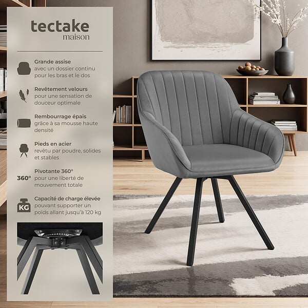 TECTAKE - Lot 6 chaises pivotantes à 360° avec accoudoirs velours grises - large