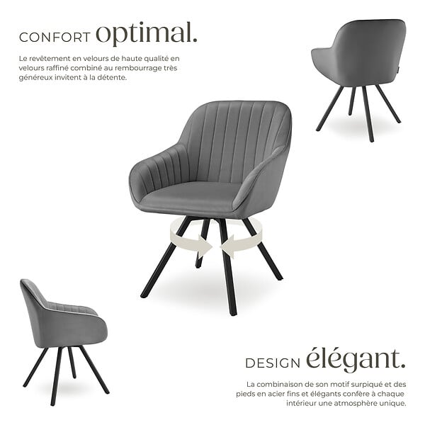 TECTAKE - Lot 6 chaises pivotantes à 360° avec accoudoirs velours grises - large