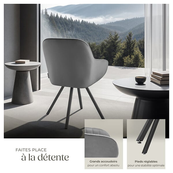 TECTAKE - Lot 6 chaises pivotantes à 360° avec accoudoirs velours grises - large