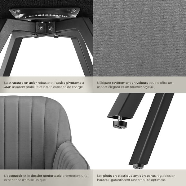 TECTAKE - Lot 6 chaises pivotantes à 360° avec accoudoirs velours grises - large