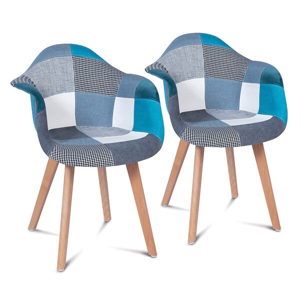 ID MARKET - Lot de 2 chaises de salle à manger scandinaves, fauteuils de table SARA motifs patchworks bleus - large