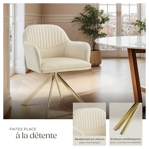TECTAKE - Lot de 4 chaises pivotantes à 360° en velours rembourrées crème/or - large