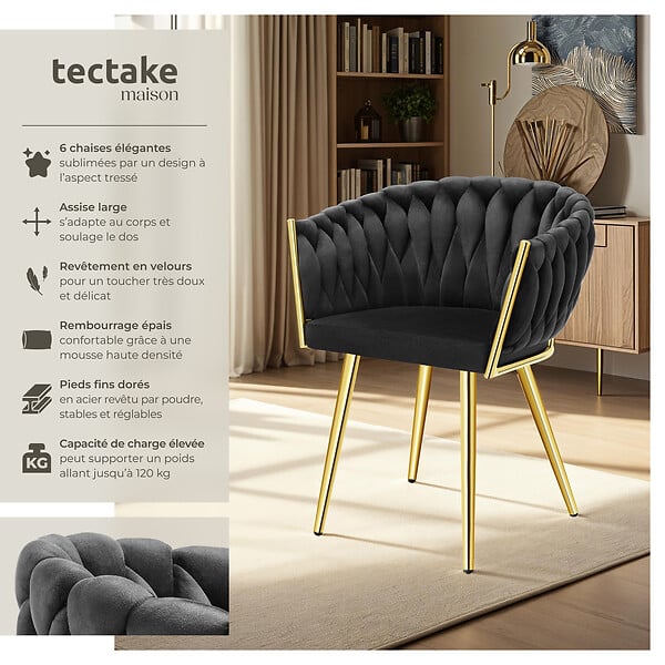 TECTAKE - Lot 6 chaises de salle à manger en velours design noué noir/or - large