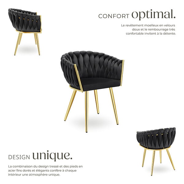 TECTAKE - Lot 6 chaises de salle à manger en velours design noué noir/or - large