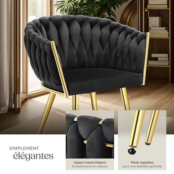 TECTAKE - Lot 6 chaises de salle à manger en velours design noué noir/or - large