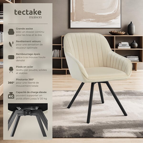 TECTAKE - Lot 2 chaises pivotantes à 360° avec accoudoirs velours crèmes - large