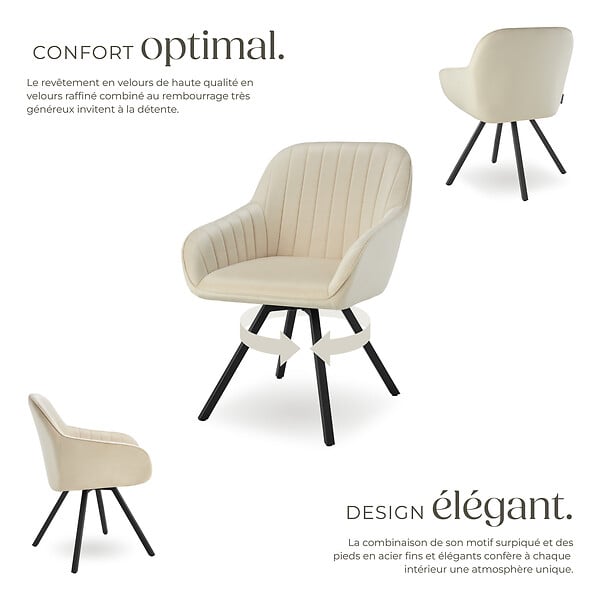 TECTAKE - Lot 2 chaises pivotantes à 360° avec accoudoirs velours crèmes - large