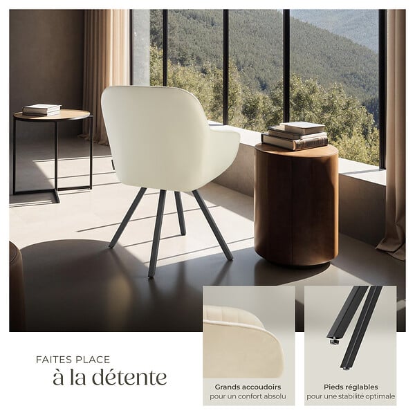 TECTAKE - Lot 2 chaises pivotantes à 360° avec accoudoirs velours crèmes - large