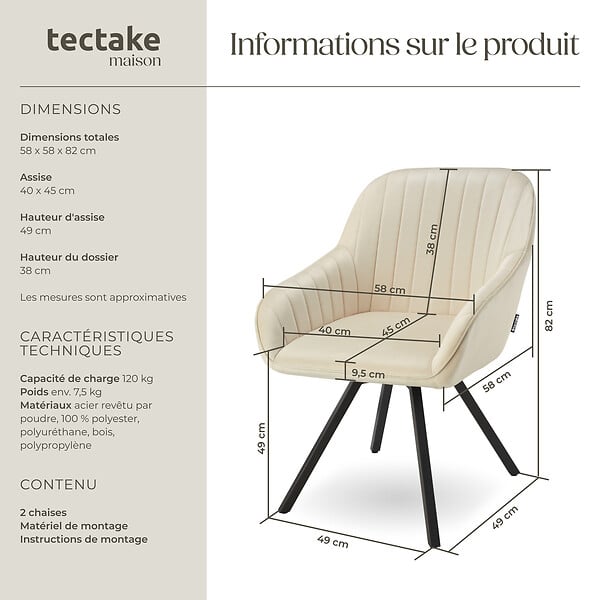 TECTAKE - Lot 2 chaises pivotantes à 360° avec accoudoirs velours crèmes - large