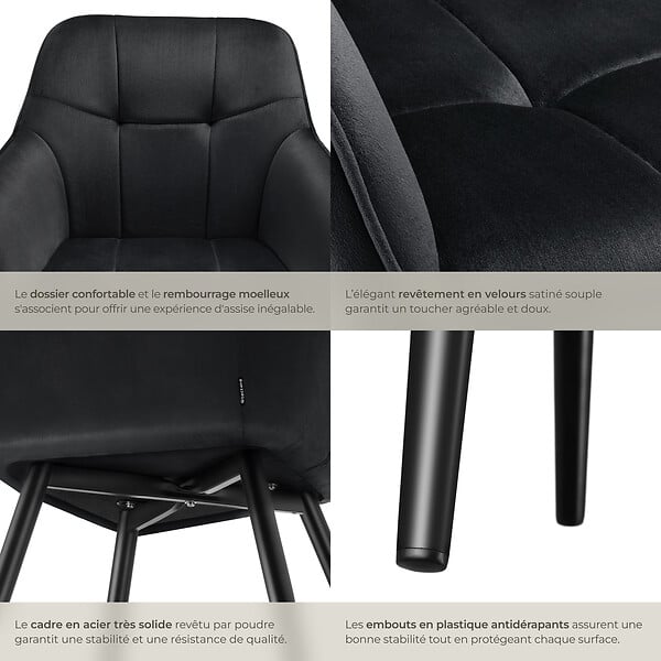 TECTAKE - Lot 6 chaises rembourrées en velours matelassé et dossier continu noir - large