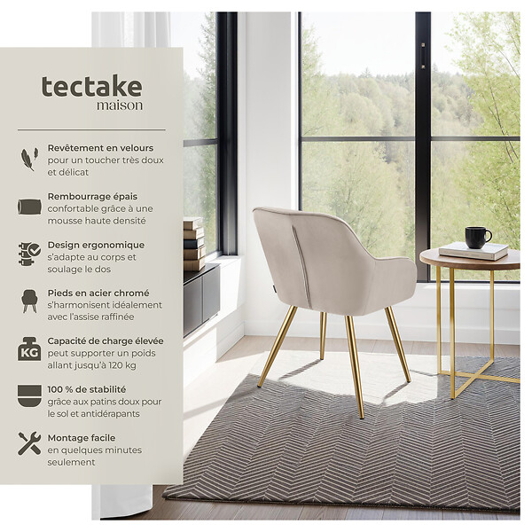 TECTAKE - Lot 2 chaises de salle à manger aspect velours matelassé taupe/or - large