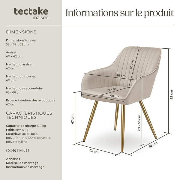 TECTAKE - Lot 2 chaises de salle à manger aspect velours matelassé taupe/or - large