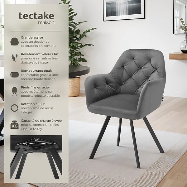 TECTAKE - Lot 2 fauteuils pivotants 180° velours rembourrés motif matelassé gris - large