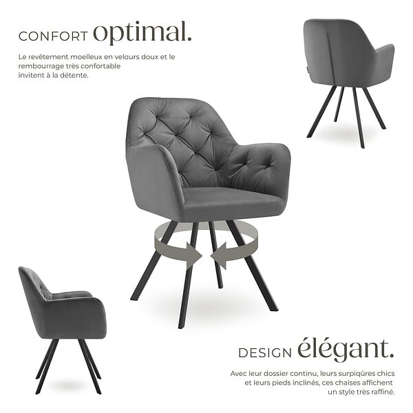 TECTAKE - Lot 2 fauteuils pivotants 180° velours rembourrés motif matelassé gris - large
