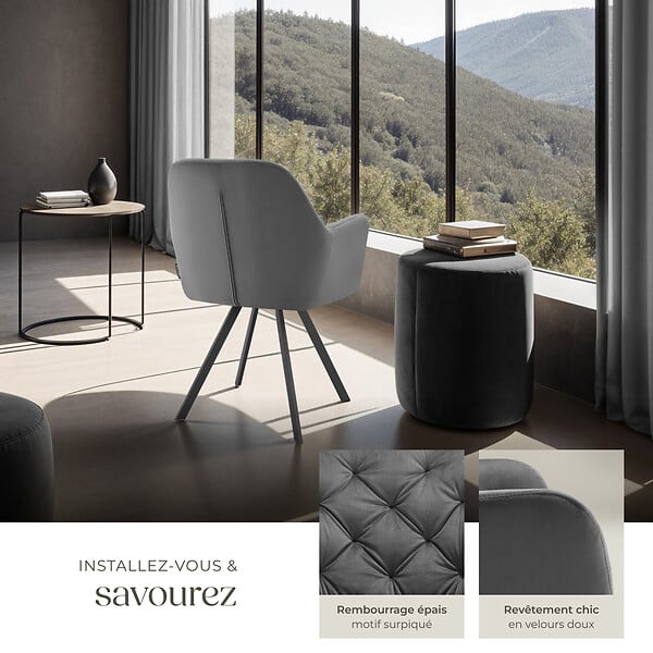 TECTAKE - Lot 2 fauteuils pivotants 180° velours rembourrés motif matelassé gris - large