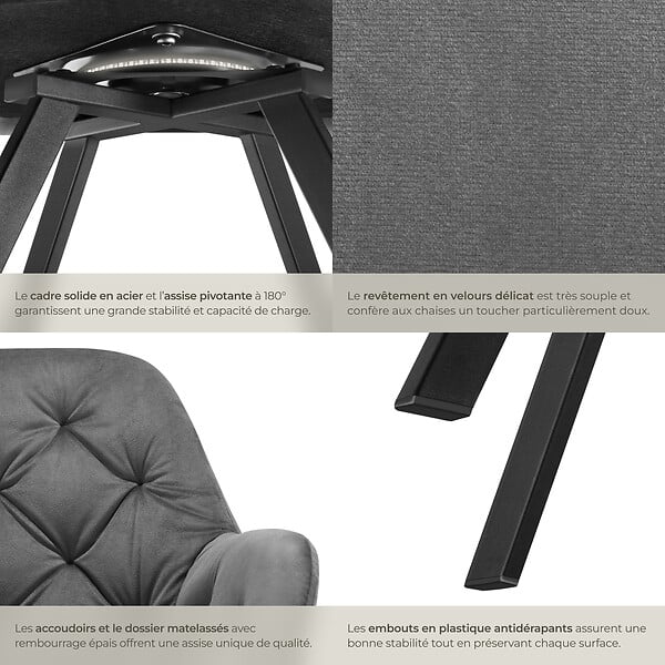 TECTAKE - Lot 2 fauteuils pivotants 180° velours rembourrés motif matelassé gris - large