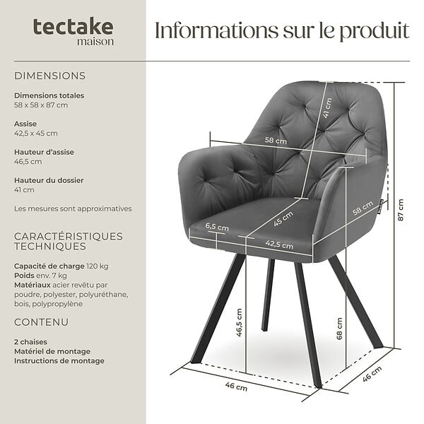 TECTAKE - Lot 2 fauteuils pivotants 180° velours rembourrés motif matelassé gris - large