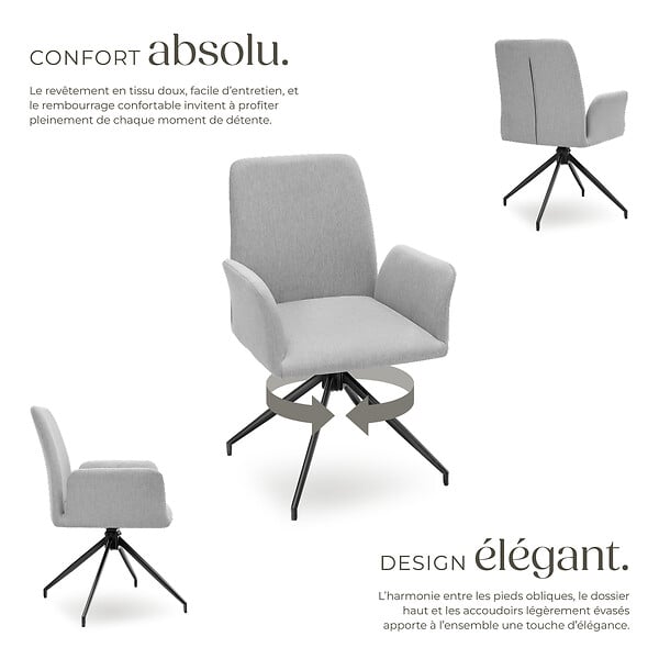 TECTAKE - Lot 6 fauteuils pivotants 360° rembourrés tissu robuste gris clair - large