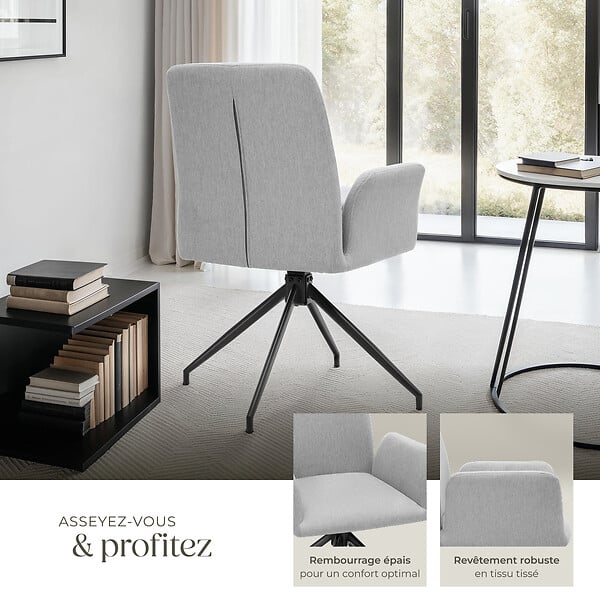 TECTAKE - Lot 6 fauteuils pivotants 360° rembourrés tissu robuste gris clair - large