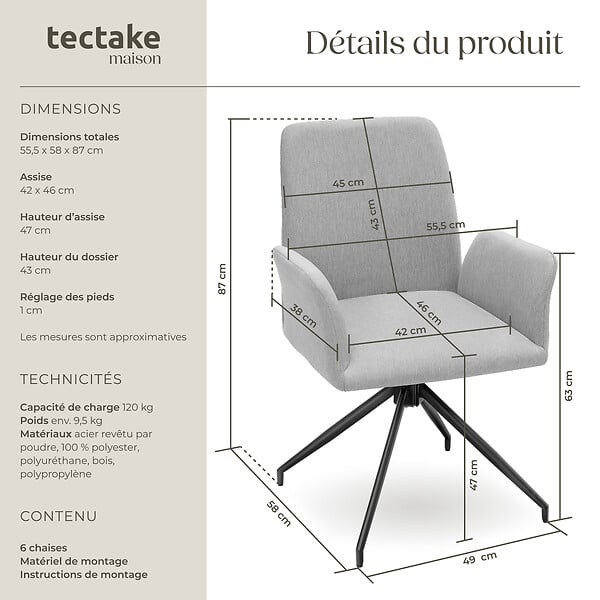 TECTAKE - Lot 6 fauteuils pivotants 360° rembourrés tissu robuste gris clair - large