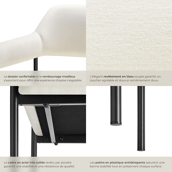 TECTAKE - Lot 6 fauteuils rembourrés pieds en acier dossier continu noir/blanc - large