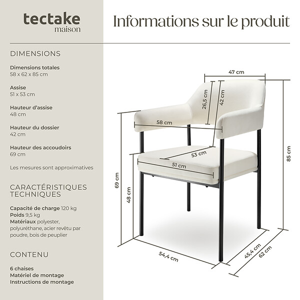 TECTAKE - Lot 6 fauteuils rembourrés pieds en acier dossier continu noir/blanc - large