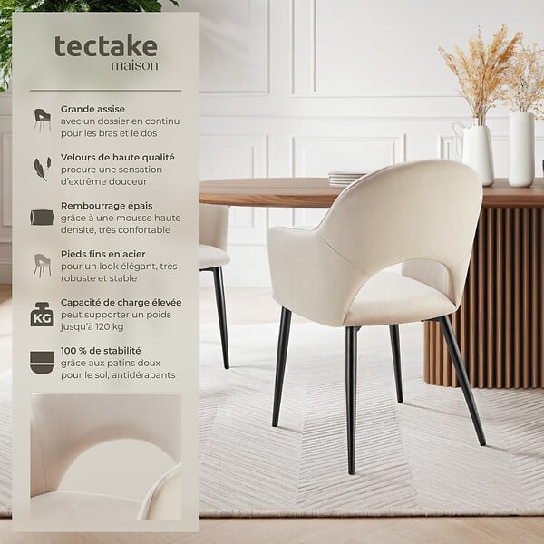 TECTAKE - Lot 6 Fauteuils aspect velours rembourré max 120 kg crème - large