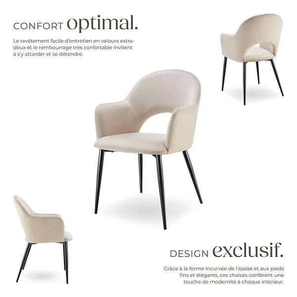 TECTAKE - Lot 6 Fauteuils aspect velours rembourré max 120 kg crème - large