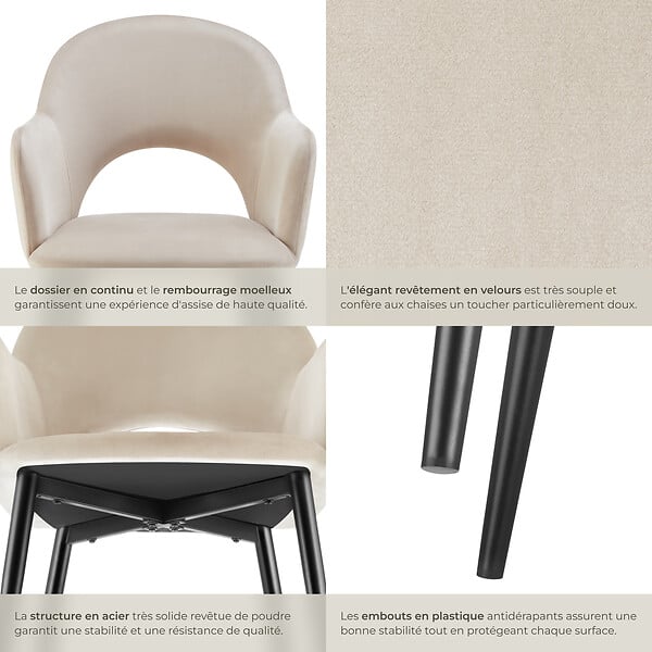 TECTAKE - Lot 6 Fauteuils aspect velours rembourré max 120 kg crème - large