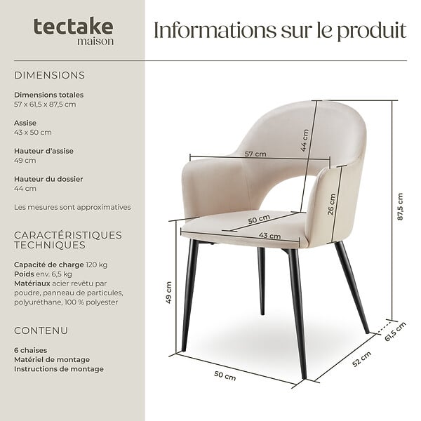 TECTAKE - Lot 6 Fauteuils aspect velours rembourré max 120 kg crème - large