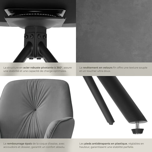 TECTAKE - Lot de 4 chaises pivotantes 360° en velours rembourré anthracite/noir - large