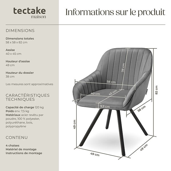 TECTAKE - Lot 4 chaises pivotantes à 360° avec accoudoirs velours grises - large