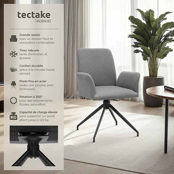 TECTAKE - Lot 4 fauteuils pivotants 360° rembourrés tissu robuste anthracite - large