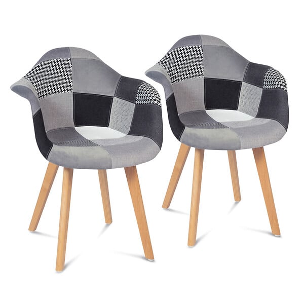 ID MARKET - Lot de 2 chaises de salle à manger scandinaves, fauteuils de table SARA motifs patchworks noirs, gris et blancs - large