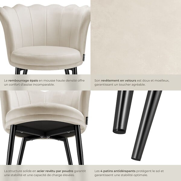TECTAKE - Fauteuil rembourré avec dossier en forme de fleur velours crème/noir - large