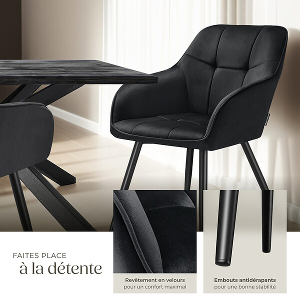 TECTAKE - Chaise rembourrée en velours matelassé avec dossier continu noir - large