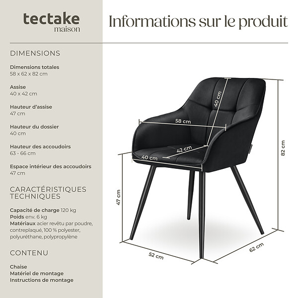 TECTAKE - Chaise rembourrée en velours matelassé avec dossier continu noir - large