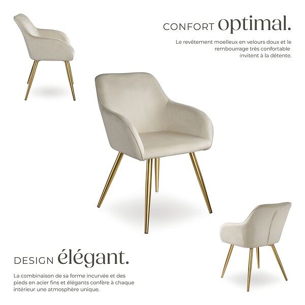 TECTAKE - Ensemble de 4 chaises rembourrées aspect velours crème et or - large