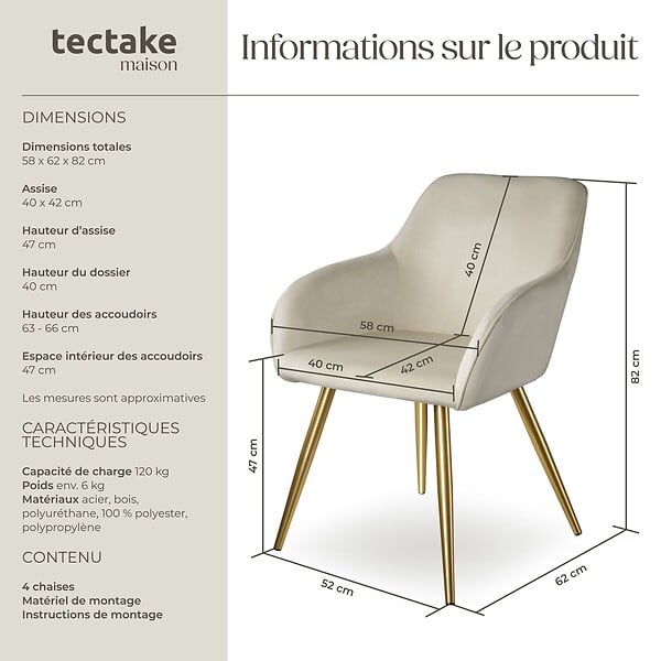 TECTAKE - Ensemble de 4 chaises rembourrées aspect velours crème et or - large