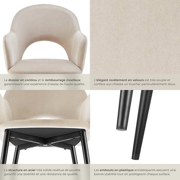 TECTAKE - Lot 2 Fauteuils aspect velours rembourré max 120 kg crème - large