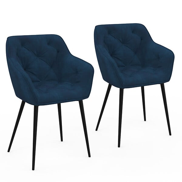 ID MARKET - Lot de 2 chaises de salle à manger, fauteuils de table capitonnés LYA velours bleu canard - large