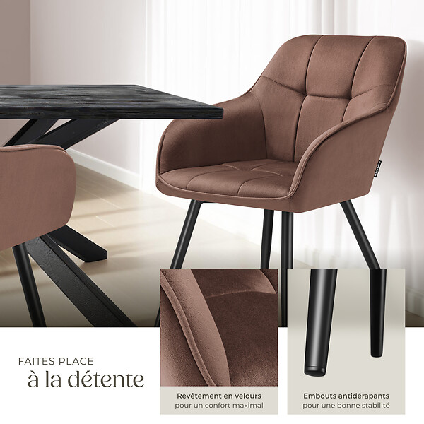 TECTAKE - Lot 2 chaises rembourrées en velours matelassé et dossier continu brun - large