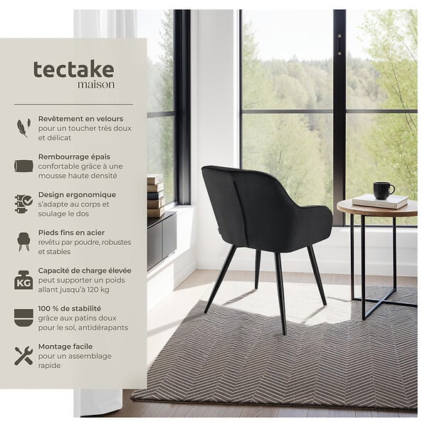 TECTAKE - Lot 4 chaises de salle à manger en velours matelassées noir - large