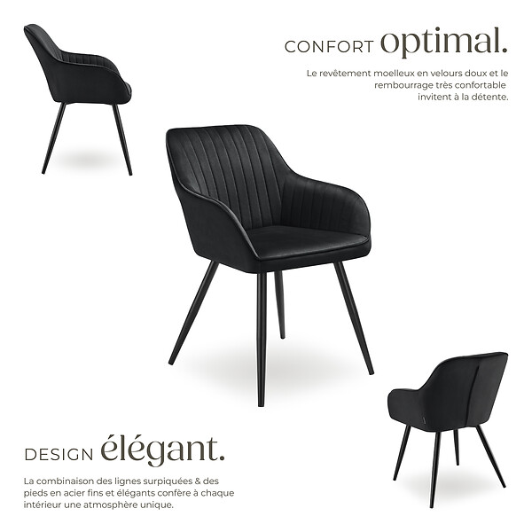 TECTAKE - Lot 4 chaises de salle à manger en velours matelassées noir - large