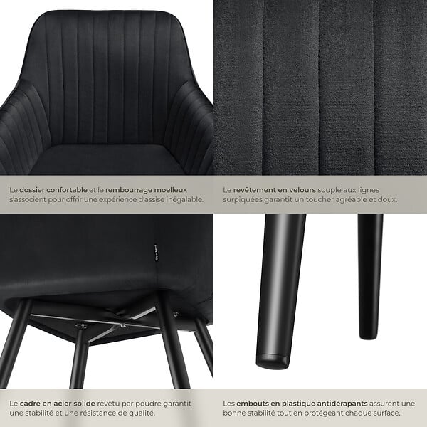 TECTAKE - Lot 4 chaises de salle à manger en velours matelassées noir - large