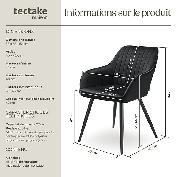 TECTAKE - Lot 4 chaises de salle à manger en velours matelassées noir - large