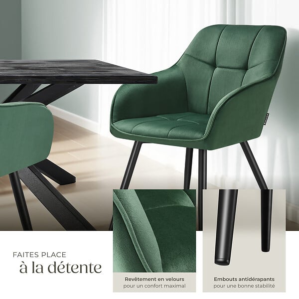 TECTAKE - Lot 6 chaises rembourrées en velours matelassé et dossier vert foncé - large
